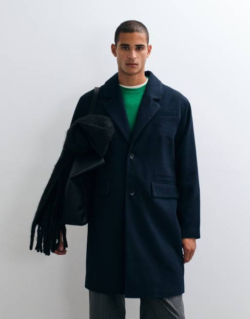 ASOS DESIGN frakke i uldlook med lang pasform i navy, 4 af 5