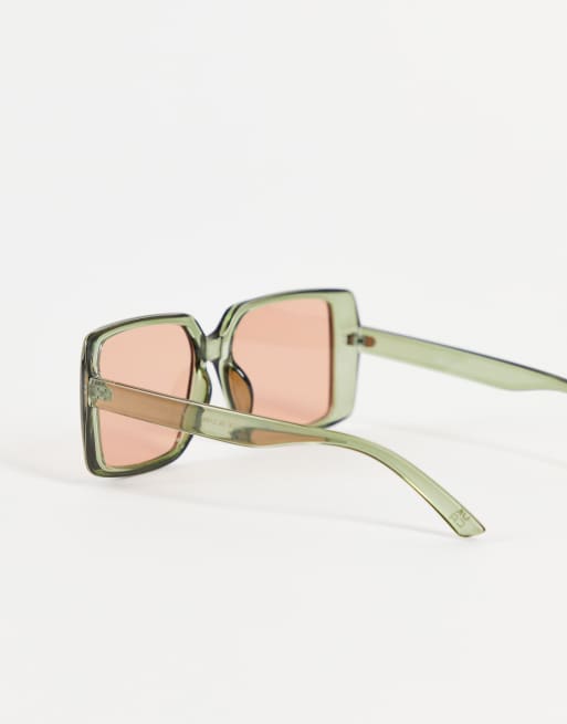 ASOS DESIGN frame 70s sunglasses with orange lens in green  - MGREEN, 2 of 4