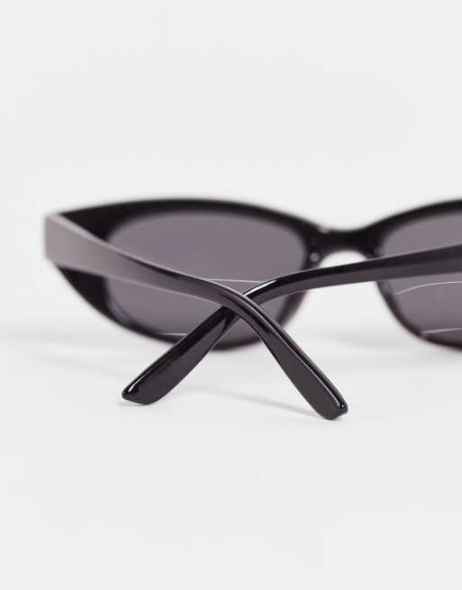 ASOS DESIGN frame angled slim cat eye sunglasses in shiny black   - BLACK, 4 of 4