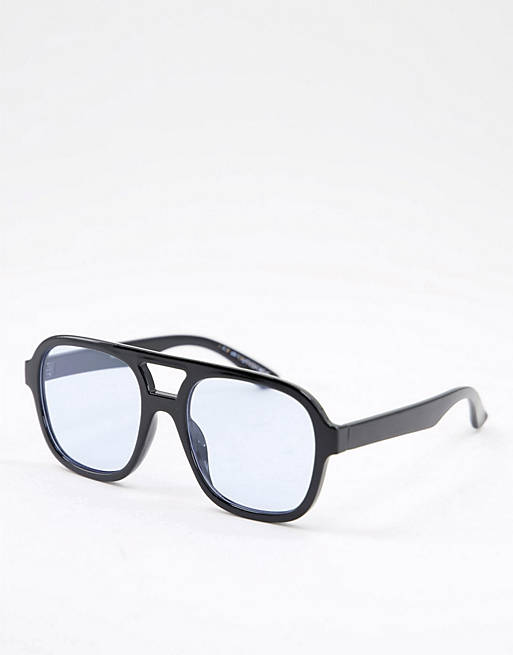 ASOS DESIGN frame aviator sunglasses with blue lens in black - BLACK