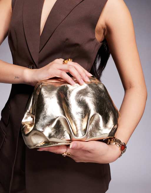 ASOS DESIGN frame clutch purse with detachable crossbody strap in gold tone