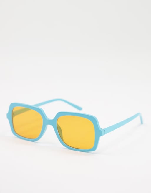 Asos Design Frame Mid Square Sunglasses With Orange Lens In Blue Mblue Asos 8284