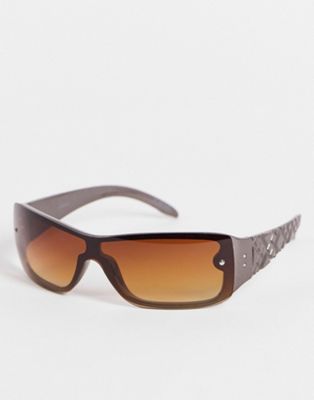 ASOS DESIGN frame quilted temple sunglasses in brown