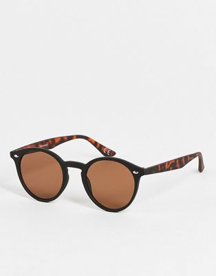 ASOS DESIGN frame round sunglasses in black with tortoiseshell detail - BLACK