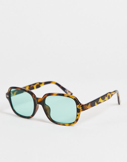 Asos Design Frame Square Sunglasses In Tort With Green Lens Brown Asos 