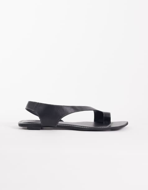 ASOS DESIGN Francesca premium minimal clean toe loop flat sandal in black leather - view 1