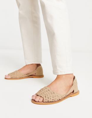 ASOS DESIGN - Francis - Flache, gewebte Ledersandalen in Taupe-Neutral