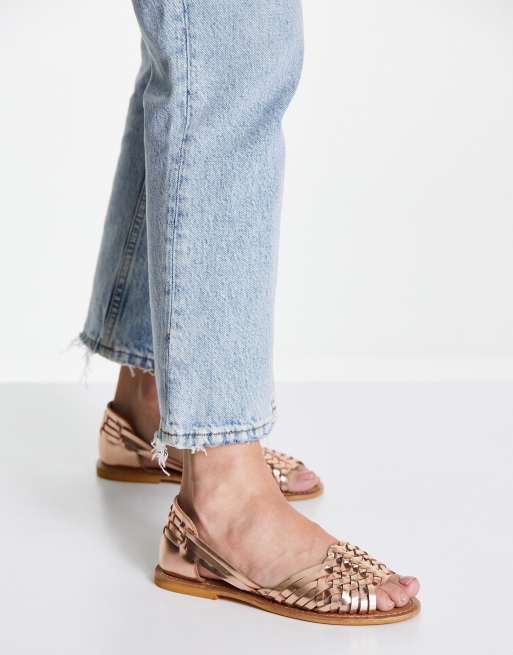 ASOS DESIGN Francis leather woven flat sandals in rose gold | ASOS