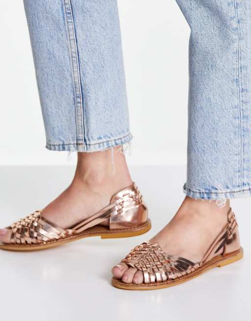 ASOS DESIGN Francis leather woven flat sandals in tan