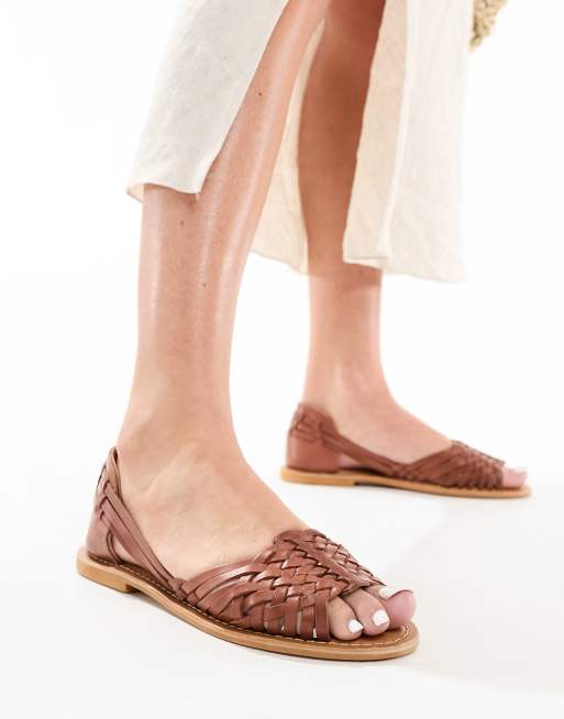 ASOS DESIGN Wide Fit Francis leather woven flat sandals in tan