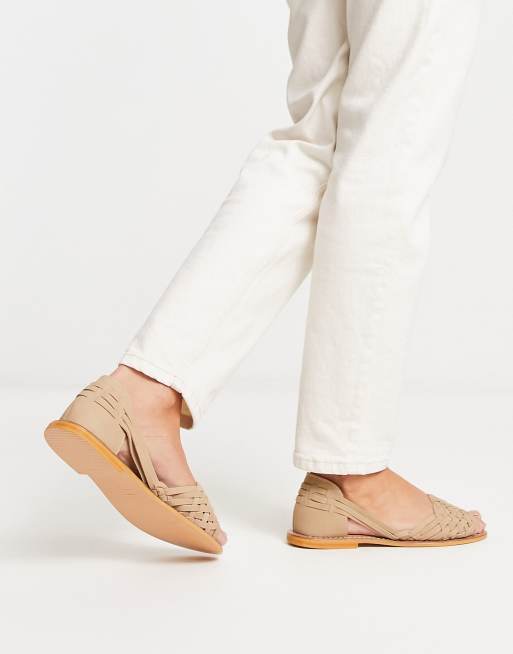 ASOS DESIGN Francis leather woven flat sandals in taupe