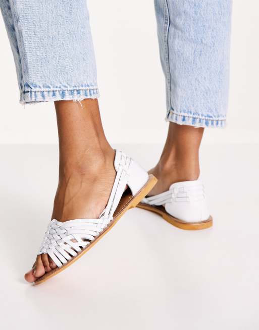 ASOS DESIGN Francis leather woven flat sandals in white