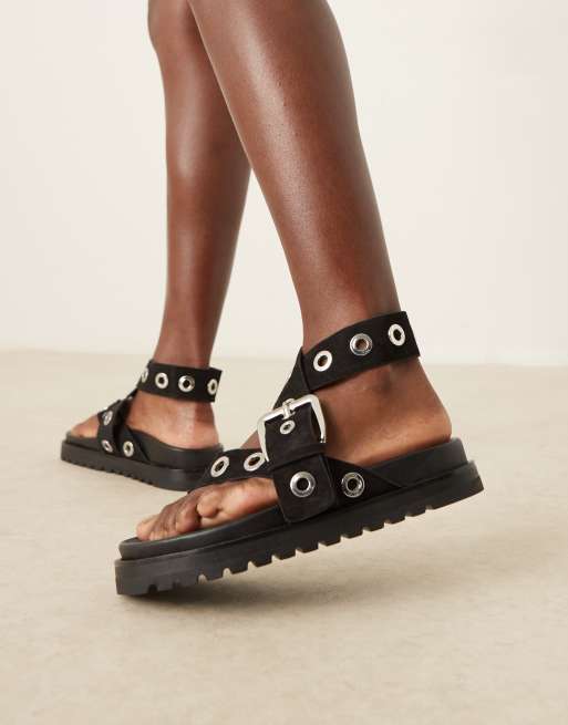 ASOS DESIGN Francoise eyelet flatform sandal in black suede, 2 of 4