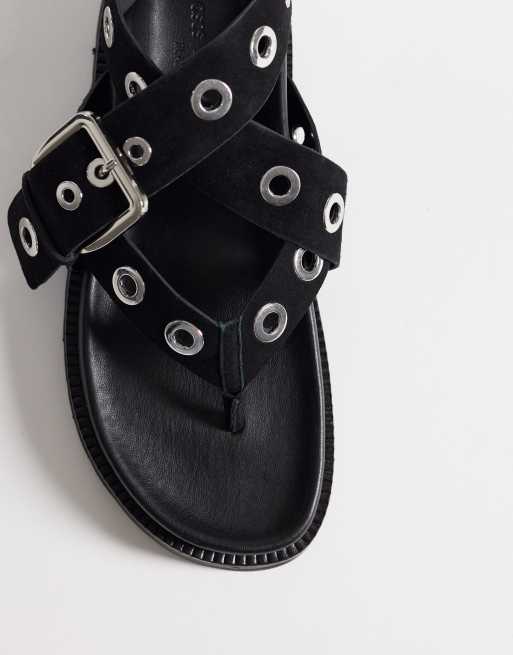 ASOS DESIGN Francoise eyelet flatform sandal in black suede, 2 of 4