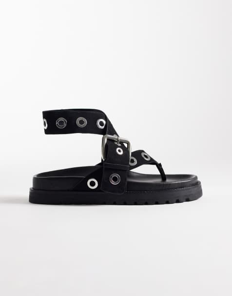 ASOS DESIGN Francoise eyelet flatform sandals in black suede - view 1