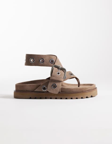 ASOS DESIGN Francoise eyelet flatform sandals in taupe suede - view 1