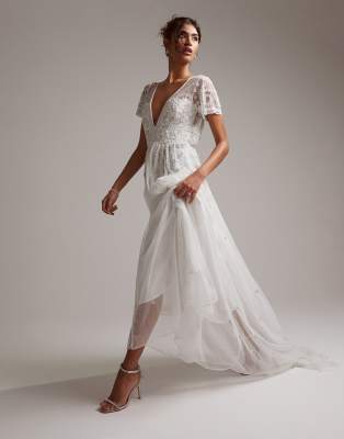 knee length dresses for ladies meline Floral Lace Flared-Cuff Maxi Dress in Neutrals L / Neutrals