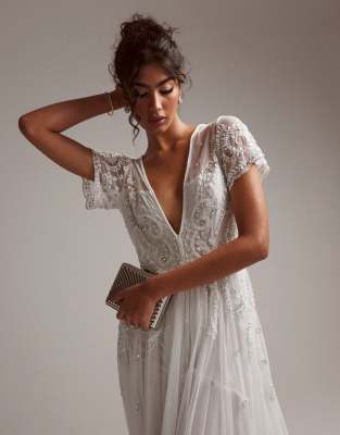 ASOS DESIGN Frankie beaded mesh plunge cap sleeve wedding dress in ivory