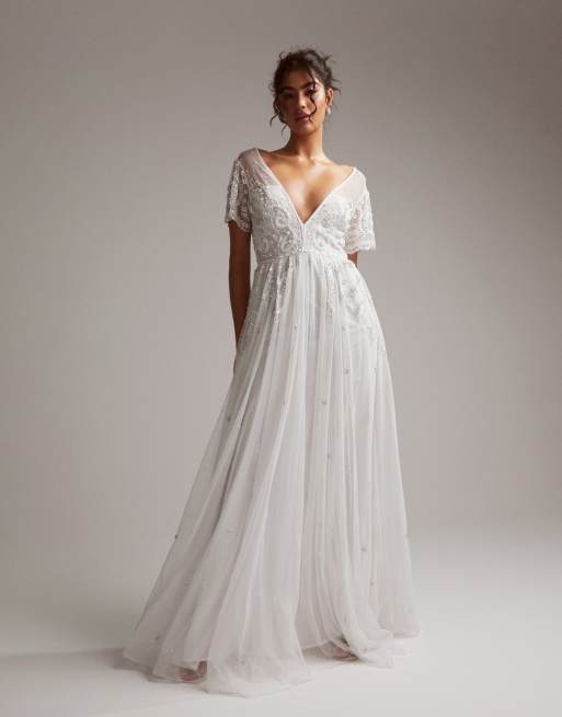 ASOS DESIGN Frankie beaded mesh plunge cap sleeve wedding dress in ivory