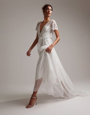 ASOS DESIGN Frankie beaded mesh plunge cap sleeve wedding dress in