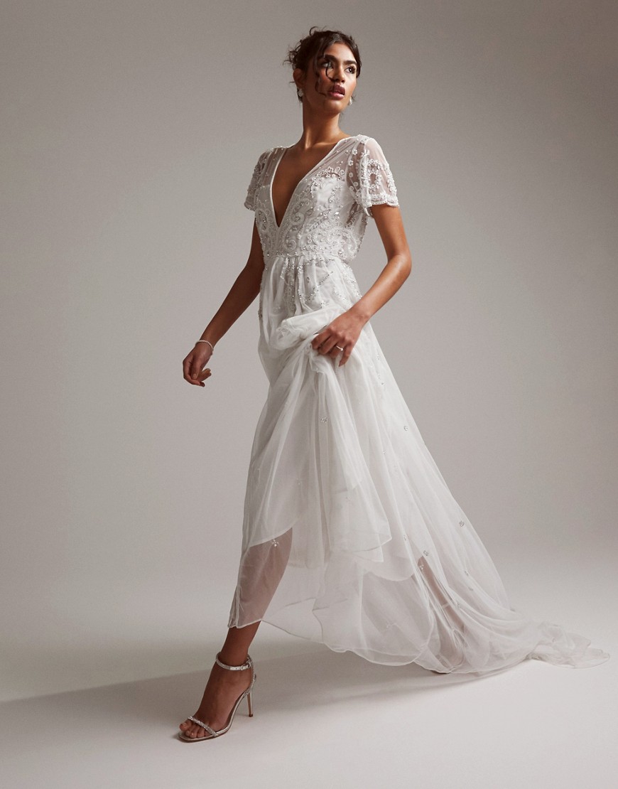 ASOS DESIGN Frankie beaded mesh plunge cap sleeve wedding dress in-White