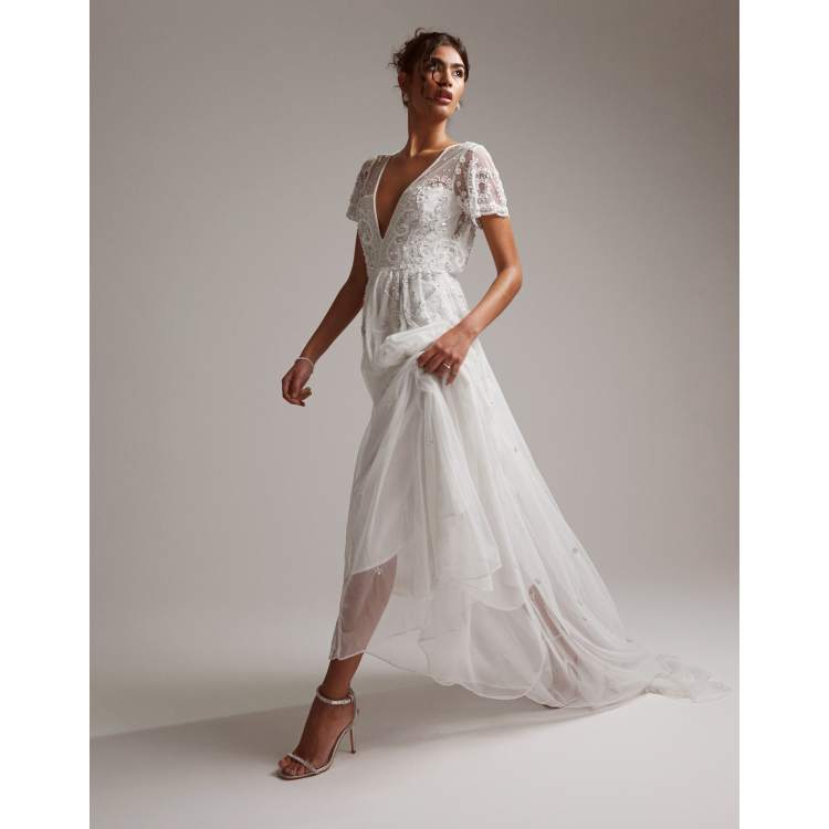 ASOS DESIGN Frankie beaded mesh plunge cap sleeve wedding dress in