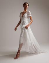 ASOS DESIGN Lennox sequin blouson sleeve wedding dress with train in-White