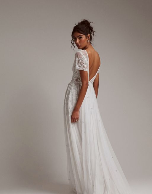 ASOS DESIGN Frankie beaded mesh plunge cap sleeve wedding dress in ivory