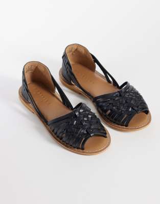 Asos Design Fray Leather Woven Flat Sandals In Black