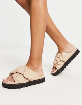 ASOS DESIGN Frazzle ruched flat sandals in cream - CREAM - ASOS Price Checker