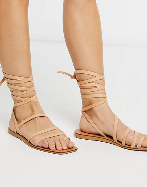 ASOS DESIGN Freda leather minimal flat sandals in beige | ASOS