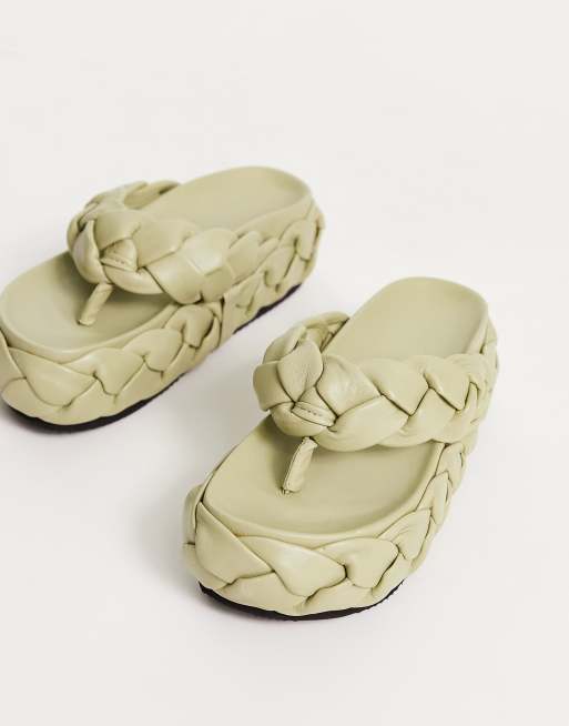 ASOS DESIGN Freddie leather braided toe thong flat sandals in sage