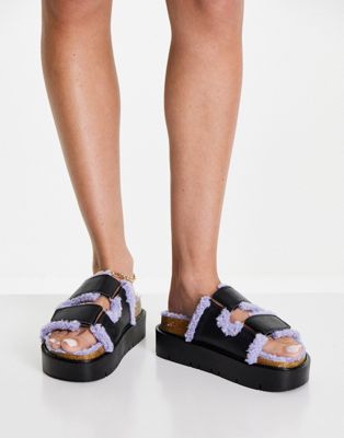 ASOS DESIGN Freely chunky mules in black with lilac borg