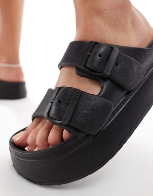 ASOS DESIGN Freestyle flatform double buckle sandals in black ASOS