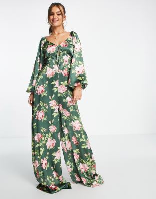 ASOS DESIGN - Freizeit-Jumpsuit aus Satin mit Schnürung am Rücken und Blumenmuster-Bunt