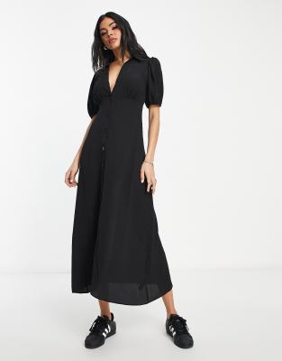 ASOS DESIGN - Freizeit-Midikleid in Schwarz mit Knopfleiste vorne-Black