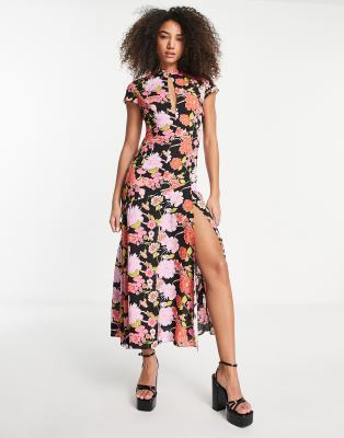 ASOS DESIGN - Freizeit-Midikleid mit buntem Blumenmuster und Schlüssellochausschnitt vorne-Grün