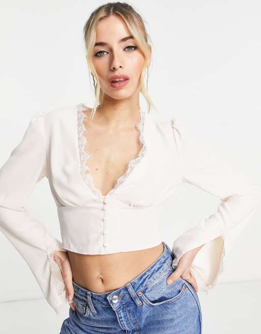 ASOS DESIGN – Freizeitbluse in Zartrosa mit Spitzenborte und Knopfleiste