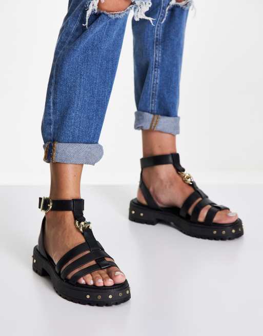 ASOS DESIGN - Fresham - Chunky flade sandaler i sort premium-læder