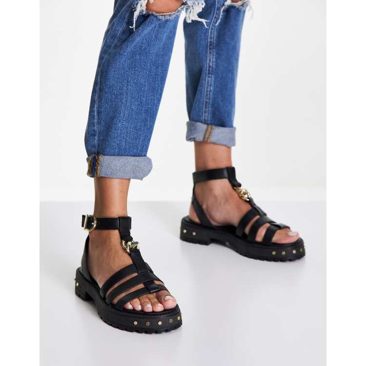 ASOS DESIGN Fresham Hochwertige Sandalen mit dicker Sohle aus schwarzem Leder ASOS