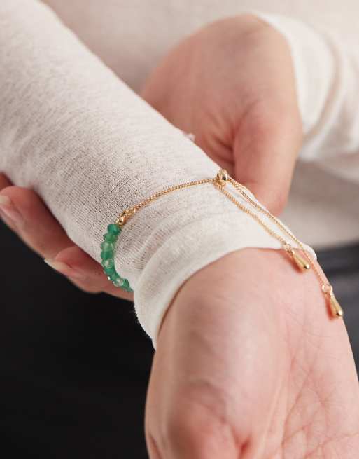 ASOS DESIGN friendship bracelet with semi-precious green stones and toggle with gift bag, 3 of 3