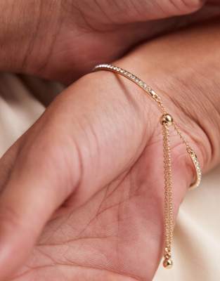 Asos Design Friendship Bracelet With Toggle Detail And Crystal Embellishment In Metallic