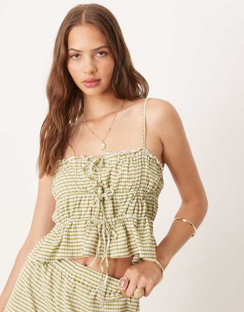 ASOS DESIGN frill and tie detail cami co-ord in green gingham - view 1