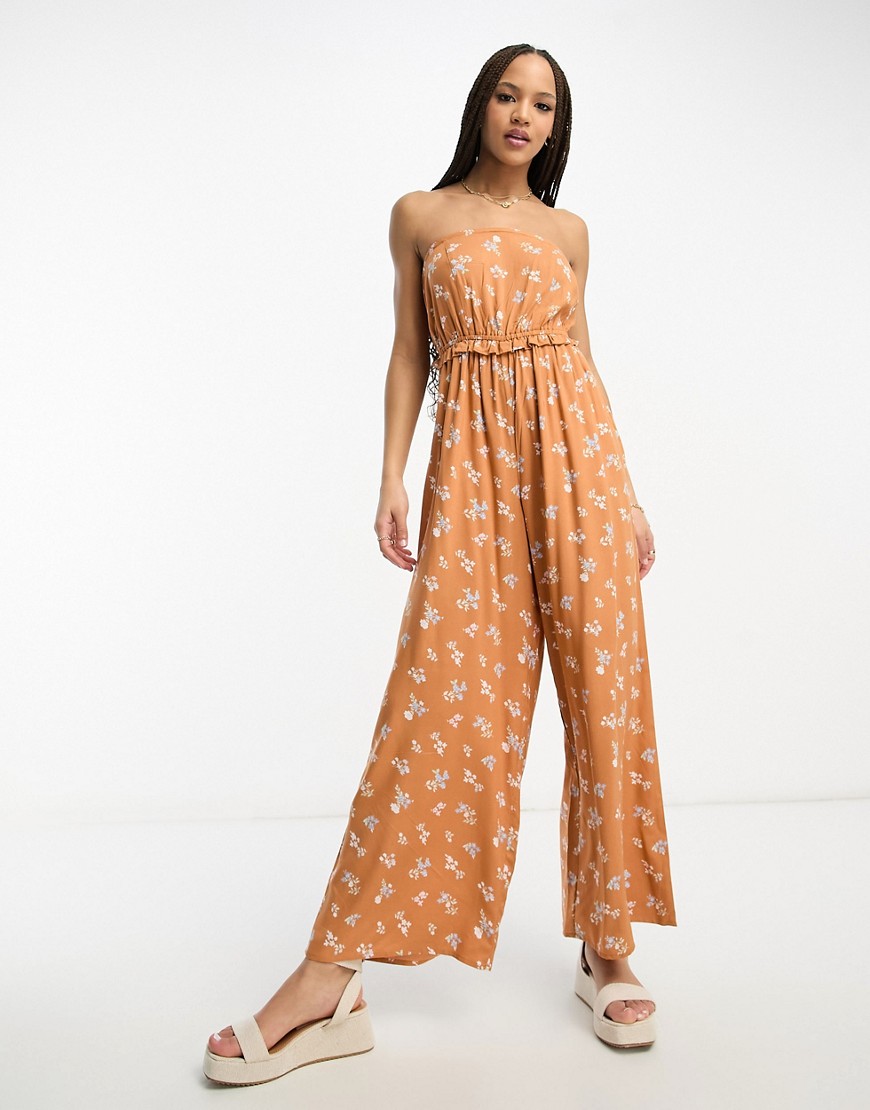 ASOS DESIGN frill bandeau jumpsuit in rust floral-Red