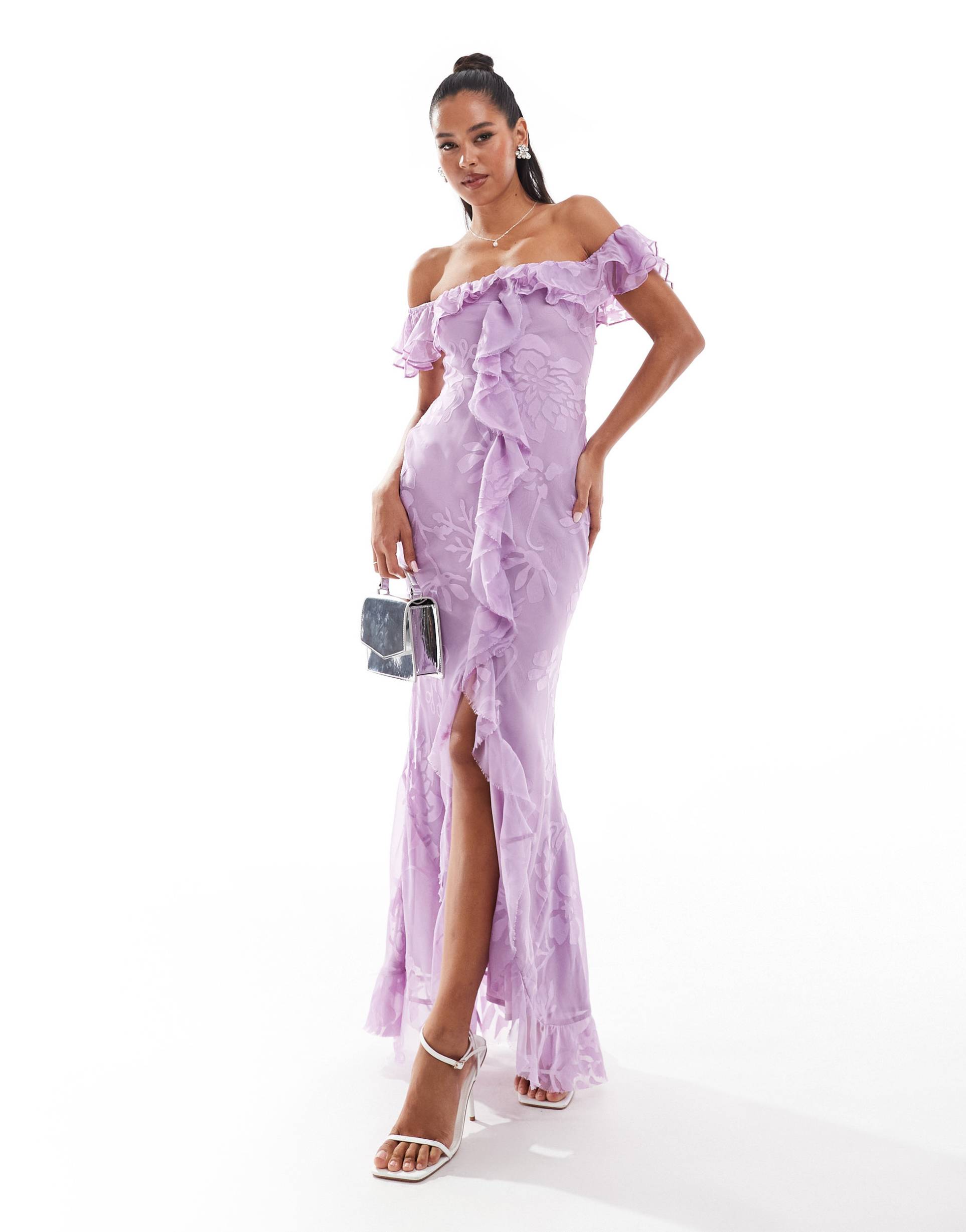 asos design frill bardot bias cut maxi dress in floral jacquard in lilac