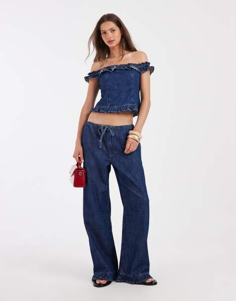 ASOS DESIGN frill bardot denim co ord in mid blue - view 1