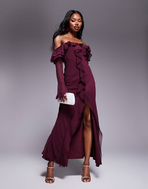 burgundy dress with long sleeves Lace & Beads balloon sleeve tiered maxi in A plunging V neckline is balanced by long sleeves Modest Dresses: Burgundy Pearl Collared