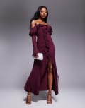 [ASOS DESIGN] ASOS DESIGN frill bardot long sleeve bias cut maxi dress in burgundy-Red 4 Burgundy