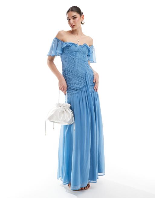 ASOS Design Frill Bardot Ruched Maxi Dress in Blue