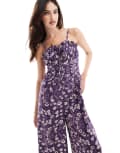 [ASOS DESIGN] ASOS DESIGN frill bust ruched waist strappy spun jumpsuit in purple and white floral-Multi 12 Lilac floral